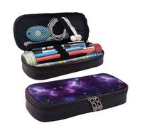 Galaxy Starry Space Purple Starry Premium Leather Flip Pencil Case – Stylish Brown Leather Pencil Bag with Zipper Closure, Multi-Purpose for School, Office, Travel & Cosmetics