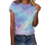 Galaxy T Shirt Womens Tops Casual Tie Dye Galaxy Printed Glitter Shirts Blouses Round Neck Short Sleeve Tops Carnival Costume, Light Blue, S