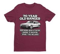 Galaxy Tees 70 Year Old Banger Birthday T-Shirt | Funny 70th birthday tee with retro car graphic, regular unisex fit, 180gsm cotton, seven colours and sizes S to 6XL