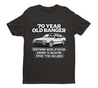Galaxy Tees 70 Year Old Banger Birthday T-Shirt | Funny 70th birthday tee with retro car graphic, regular unisex fit, 180gsm cotton, seven colours and sizes S to 6XL