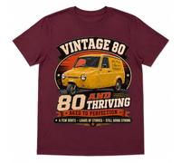 Galaxy Tees 80th Birthday Vintage 80 and Thriving Three-Wheel Van T-Shirt (UK, Alpha, L, Regular, Regular, Maroon)