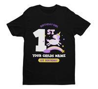 Galaxy Tees Baby Girls Personalised 1st Birthday Cute Unicorn T Shirt with Name Printed Black / 1-2 Years