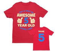 Galaxy Tees Custom Awesome 5th Kids Tee | Awesome 5 Year Old front design with the child's name and fixed age 5 on the back; a personalised kids birthday tee.