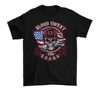Galaxy Tees Mens Biker T Shirt Blood Sweat and Gears Skull American Flag Design Motorcyle Gift Short Sleeved Black XL