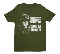 Galaxy Tees Mens Funny Biker T Shirt You Don't Stop Riding When You Get Old Motorcycle Old Guy Short Sleeved Military Green M