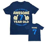 Galaxy Tees Personalised Boys 7th Birthday T Shirt Awesome 7 Year Old Name and Age ON Back Midnight Navy Blue / 5-6 Years