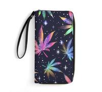 Galaxy Weed Leaves Wristlet Wallets for Men Women Leather Long Wallet Credit Card Clutch with Cord