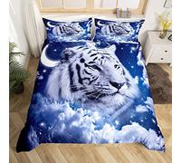 Galaxy White Tiger Bedding Set Super King Blue Nebulas Stars Moon Duvet Cover Wild Animal Print Comforter Outer Space Bed Cover Wildlife Sky Starry Bedspread 2 Pillow Cases Bedroom Decor