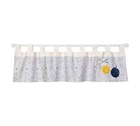 Galaxy Window Valance - Rocket Ships Scatter Print Body, Applique Planets, Solid Ultrasuede Tabs, Tab Top, Blue, Gray, Yellow, Cream and White, 56 in x 15 in