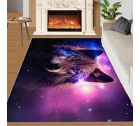 Galaxy Wolf Rugs for Bedroom - 80 x 120, Purple Galaxy Wolf Area Rug, Stain Resistant Washable Non Slip, Safari Wolf Theme, Starry Wolves Design, Soft Low Pile Rectangle Carpet