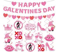 Galentines Day Decorations - Happy Galentine’s Day Glitter Red Pink Heart Garland Banner + 16pcs Hanging Swirls for Girls Ladies