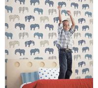 Galerie Just 4 Kids 2 Blue Beige Elephant Motif Smooth Wallpaper