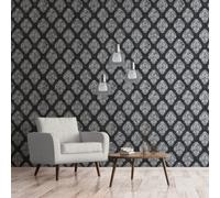 Galerie Metallic Fx Black Silver Metallic Damask Textured Wallpaper