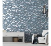 Galerie Slow Living Night Blue Reflection Metallic Texture Abstract Wave Wallpaper Roll