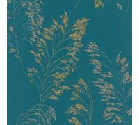 Galerie Teal/Gold Shrub Leaf On Plain Linen Texture Vinyl on Non-Woven Soft Metallic Wallpaper Roll