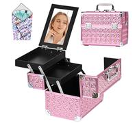 GALHUBIS Makeup Case Organizer,Makeup Train Case, Trays Cosmetic Box Portable, Profesional for Salon Barber,Pink, Pink, 9.8*6.7*6.8in, Modern