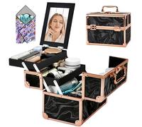 GALHUBIS Makeup Train Case, Portable Makeup Case with Mirror, 2-Trays Cosmetic Organizer Case,Nail Polish Organizer, Travel Makeup Box, Profesional for Salon Barber, Rose Gold Black