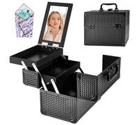 GALHUBIS Makeup Train Case, Portable Makeup Case with Mirror, 2-Trays Cosmetic Organizer Case,Nail Polish Organizer, Travel Makeup Box, Profesional for Salon Barber, Black, Black, 9.5 x 7.5 x 6.5 in