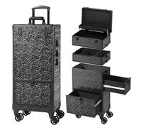 GALHUBIS Makeup Train Case with Mirror, Rolling Makeup Case with Drawer, Cosmetology Case on Wheels, Gift, Large Makeup Case Organizers, Professional for Salon Barber, Nail, Tattoo, Black