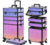 GALHUBIS Rolling Makeup Case, Makeup Train Case with Lid, 5 in 1 Cosmetology Case on Wheels, Christmas Gift, Large Makeup Case Organizers, Profesional Cosmetic Case for Salon Barber,Black Colorful,