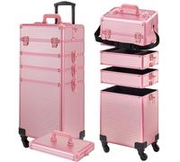GALHUBIS Rolling Makeup Case, Makeup Train Case with Lid, 5 in 1 Cosmetology Case on Wheels, Christmas Gift, Large Makeup Case Organizers, Profesional Cosmetic Case for Salon Barber, Pink