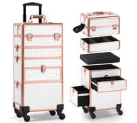GALHUBIS Rolling Makeup Case with Drawer, Makeup Train Case, 4 in 1Cosmetology Case on Wheels, Christmas Gift, Large Makeup Case Organizers, Profesional Cosmetic Case for Salon Barber, White Gold,