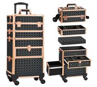 GALHUBIS Rolling Makeup Case with Drawer, Makeup Train Case, 4 in 1Cosmetology Case on Wheels, Christmas Gift, Large Makeup Case Organizers, Profesional Cosmetic Case for Salon Barber, Black Gold,
