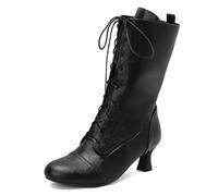 Galindopia Vintage Women's Mid-Calf Boots Lace up Victorian Mediaeval Renaissance Style Round Toe Character Shoes Cosply Pirate Black Plus Size 37