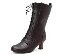 Galindopia Vintage Women's Mid-Calf Boots Lace up Victorian Mediaeval Renaissance Style Round Toe Character Shoes Cosply Pirate Dark Brown Plus Size 35