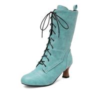 Galindopia Vintage Women's Mid-Calf Boots Lace up Victorian Mediaeval Renaissance Style Round Toe Character Shoes Cosply Pirate Green Plus Size 41