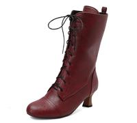 Galindopia Vintage Women's Mid-Calf Boots Lace up Victorian Mediaeval Renaissance Style Round Toe Character Shoes Cosply Pirate Claret Plus Size 39