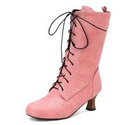 Galindopia Vintage Women's Mid-Calf Boots Lace up Victorian Mediaeval Renaissance Style Round Toe Character Shoes Cosply Pirate Pink Plus Size 39