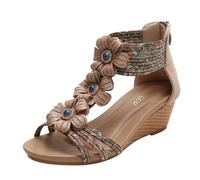 Galindopia Wedge Sandals Sweet Flower Bohemia Summer Beach Shoes For Women T Bar Comfortable Cushion Padded Dressy Cage Sandals Open Toe Apricot Size 42