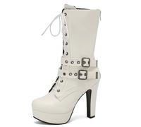 Galindopia White Platform Boots Mid Calf for Women Block High Heels Rivets Studs Gothic Punk Lace Up Knight Biker Half Botines de Mujer Size 44