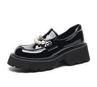 Galindopia Women Fashion Platform Loafers Lug Sole Slip on Square Toe Mary Jane Chunky Heels Rhinestone Oxford Chain Buckle School Uniform Shoes Patent Black Size 39