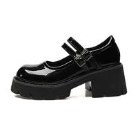 Galindopia Women Fashion Platform Loafers Lug Sole Slip on Square Toe Mary Jane Chunky Heels Rhinestone Oxford Chain Buckle School Uniform Shoes Patent Black Size 37