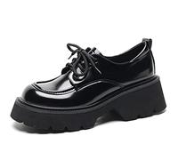 Galindopia Women Fashion Platform Loafers Lug Sole Slip on Square Toe Mary Jane Chunky Heels Rhinestone Oxford Chain Buckle School Uniform Shoes Patent Black Size 42
