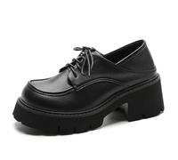 Galindopia Women Fashion Platform Loafers Lug Sole Slip on Square Toe Mary Jane Chunky Heels Rhinestone Oxford Chain Buckle School Uniform Shoes Patent PU Black Size 39