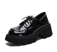 Galindopia Women Fashion Platform Loafers Lug Sole Slip on Square Toe Mary Jane Chunky Heels Rhinestone Oxford Chain Buckle School Uniform Shoes Patent Patent Black Size 34