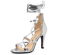 Galindopia Women Sexy Leg Tie Up Sandals Knee High Stiletto High Heels Criss Cross Gladiator Sandals Lace Up Strappy Evening Party Heels Silver Size 45