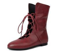Galindopia Women Vintage Flats Short Boots Lace Up COS Medieval Men's Faux Leather Gothic Shoes Witch Costume Pirate Viking Tied Shoes Renaissance Flat Victorian Boots Burgundy Size 38