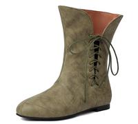Galindopia Women Vintage Flats Short Boots Lace Up COS Medieval Men's Faux Leather Gothic Shoes Witch Costume Pirate Viking Tied Shoes Renaissance Flat Victorian Boots Green Size 38