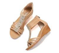 Galindopia Women Wedge Gladiator Sandals Rhinestone Beaded Bohemia Summer Beach Shoes Comfortable Cushion Padded Dressy Cage Sandals Apricot Size 42