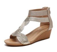 Galindopia Women Wedge Gladiator Sandals Rhinestone Beaded Bohemia Summer Beach Shoes Comfortable Cushion Padded Dressy Cage Sandals Gold Size 37