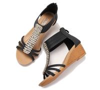 Galindopia Women Wedge Gladiator Sandals Rhinestone Beaded Bohemia Summer Beach Shoes Comfortable Cushion Padded Dressy Cage Sandals Black Size 41