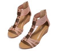 Galindopia Women Wedge Gladiator Sandals Rhinestone Beaded Bohemia Summer Beach Shoes Comfortable Cushion Padded Dressy Cage Sandals Pink Size 38