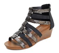 Galindopia Women Wedge Gladiator Sandals Rhinestone Beaded Bohemia Summer Beach Shoes Comfortable Cushion Padded Dressy Cage Sandals Black Size 37