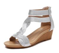 Galindopia Women Wedge Gladiator Sandals Rhinestone Beaded Bohemia Summer Beach Shoes Comfortable Cushion Padded Dressy Cage Sandals Silver Size 41