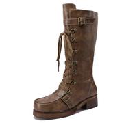 Galindopia Women's Combat Boots Mid Calf Lug Heel Flat Lace up Motorcycle Boots Unisex Vintage Medieval Pirate Role Playing Shoes Brown Size 39