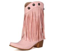 Galindopia Women's Cowgirl Boots Mid Calf Fringe Block High Heel Vintage Western Short Boots Botas de Vaquero para Mujer Pull on Shoes Pink Size 40